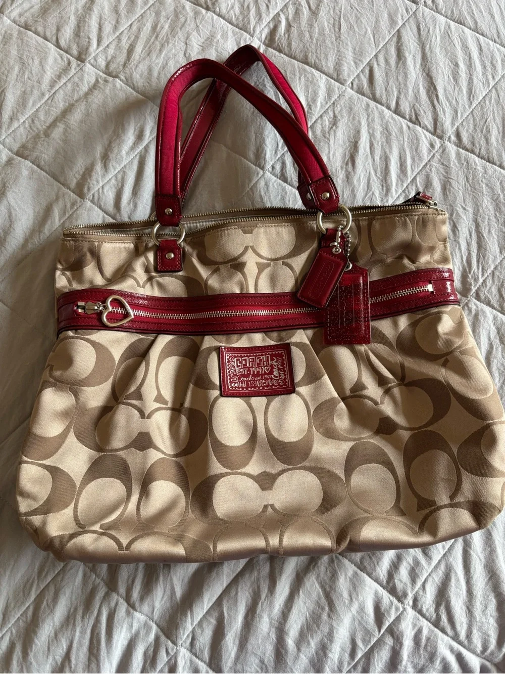 Coach Beige Signature Tote with Red Trim
